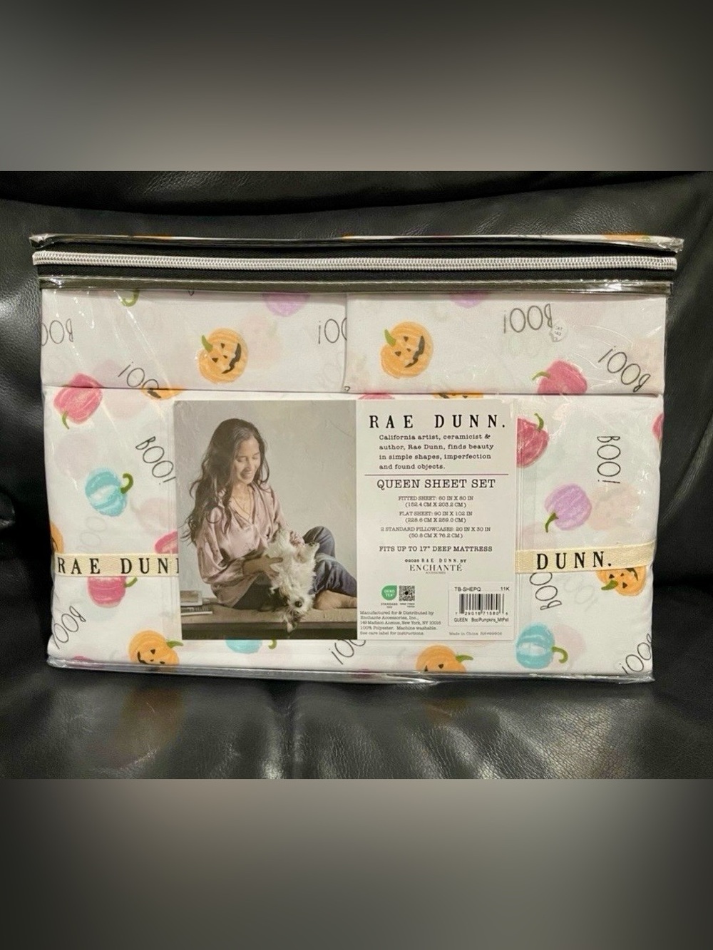 Rae Dunn Queen Sheet Set in White with Orange Pumpkin Print